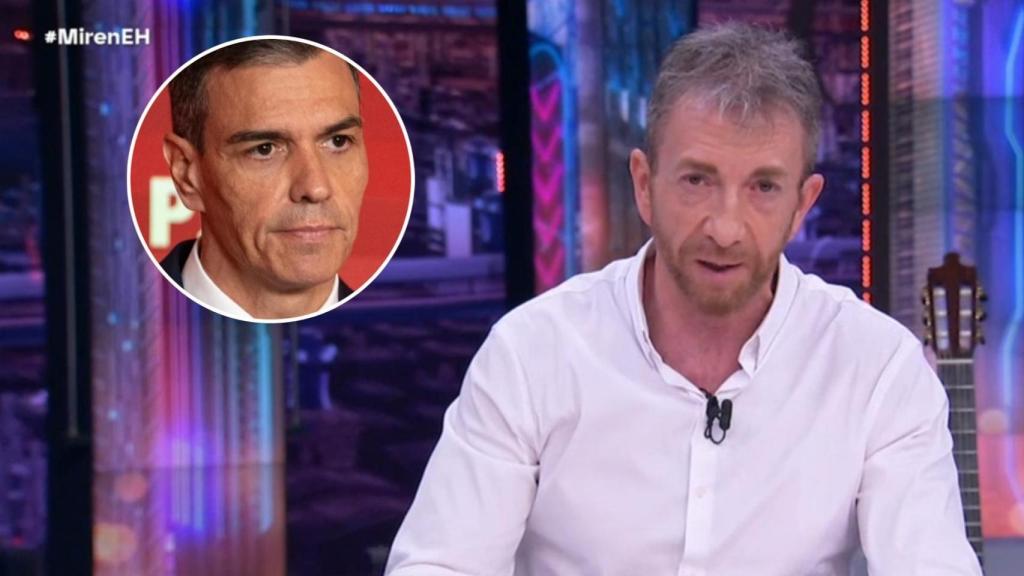 Pedro Sánchez en una comparecencia en la sede del PSOE en Ferraz y Pablo Motos en 'El Hormiguero'