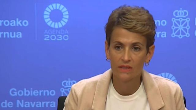 La presidenta del Gobierno de Navarra, María Chivite, este miércoles en rueda de prensa en el Palacio de Navarra.