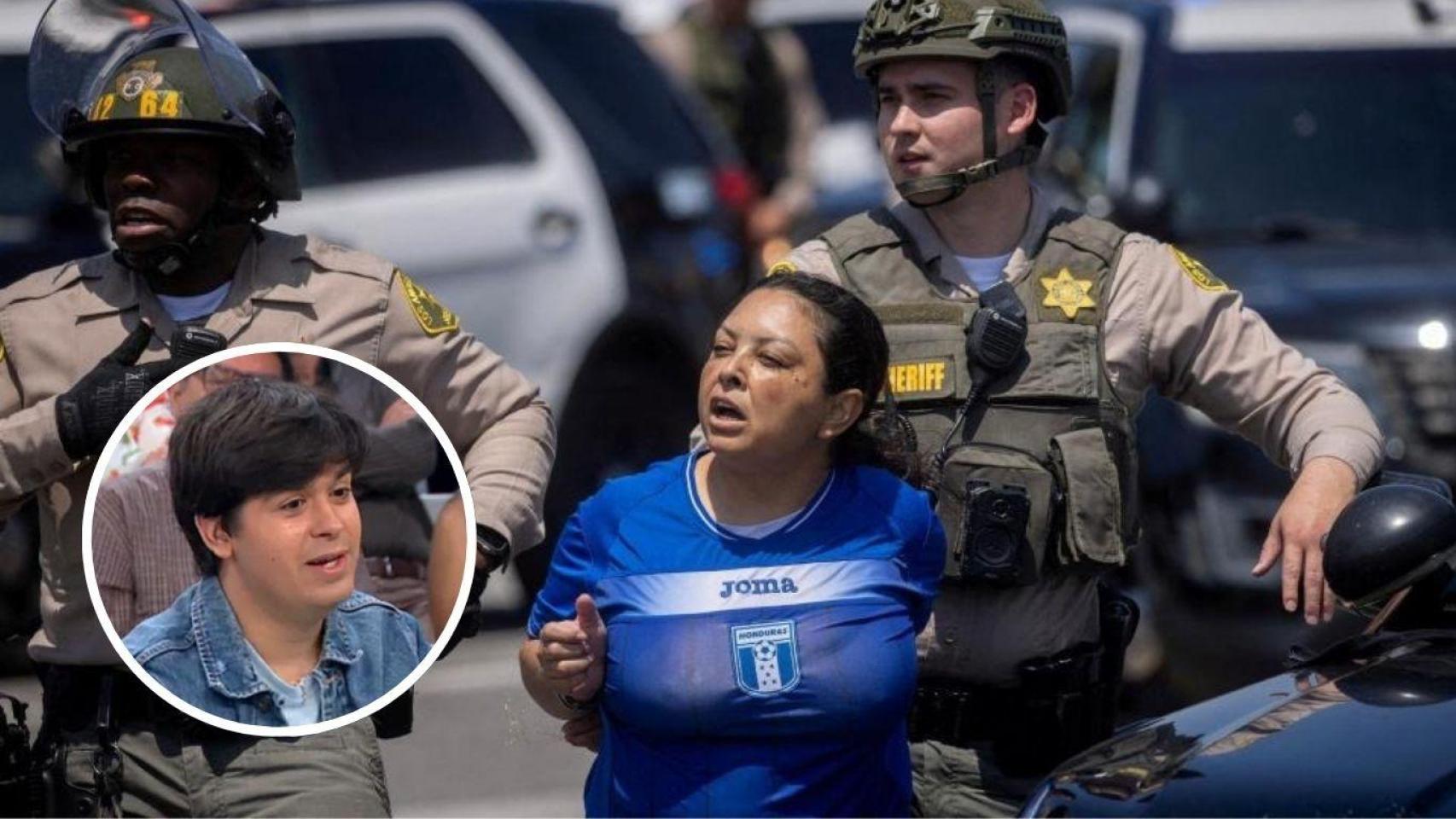 Montaje con mujer siendo detenida en las protestas de Los Ángeles en Estados Unidos y Francisco Nunes, analista económico.