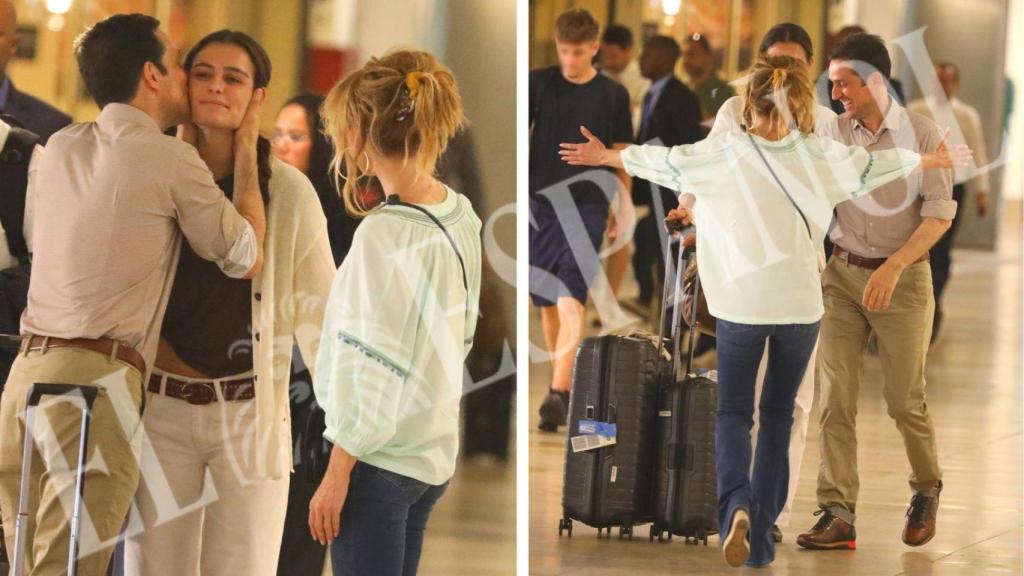 Aitor Senar, esposo de Emma García, besa efusivamente a su hija después de aterrizar en la capital.