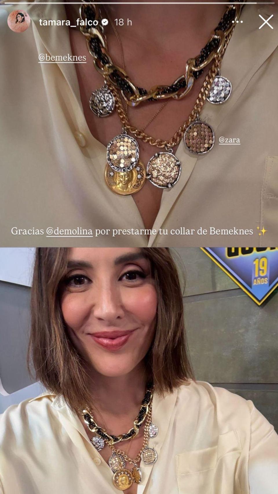 Tamara Falcó usando tres collares en la tendencia de 'capas'.