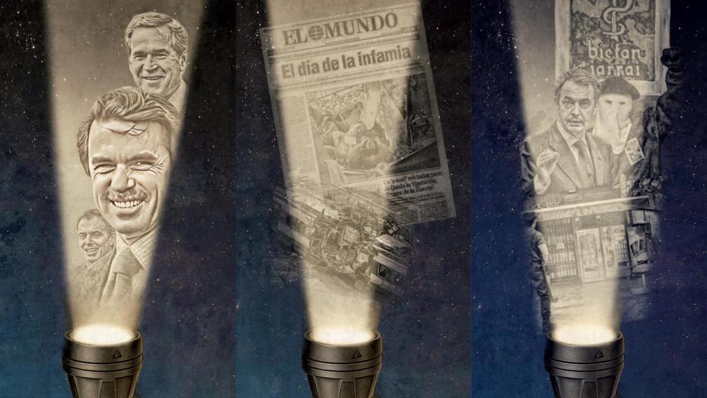 Ilustraciones de Aznar, Zapatero y la portada de 'El Mundo' sobre el 11-M.