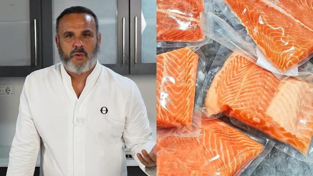 El chef Ángel León y unos filetes de salmón congelados
