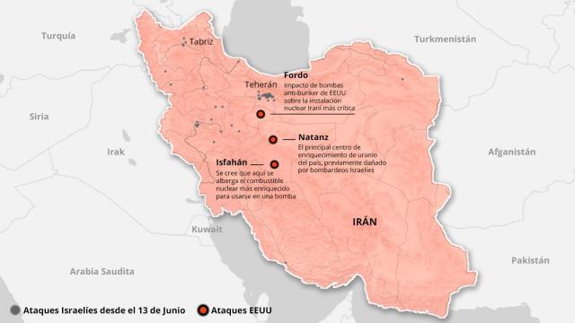 Mapa de las instalaciones nucleares iraníes bombardeadas por EEUU y ataques israelíes.