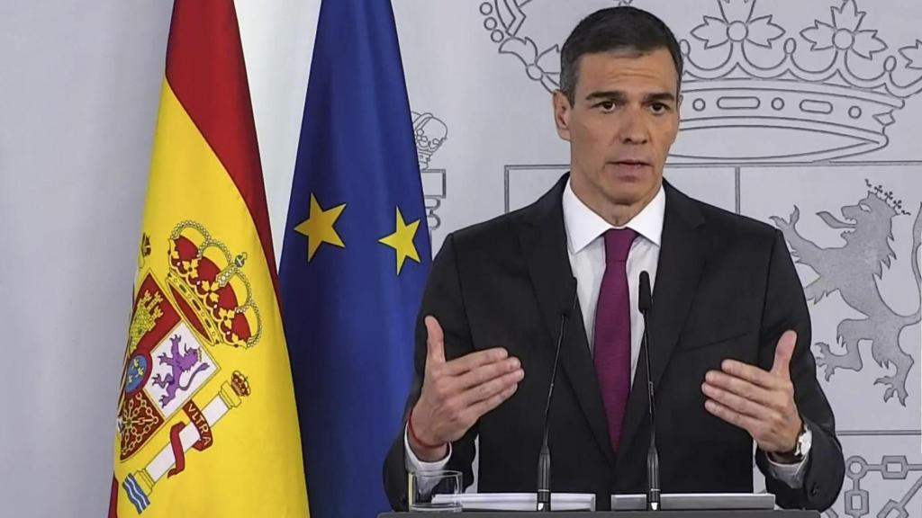 Pedro Sánchez durante su comparecencia en Moncloa de este domingo.