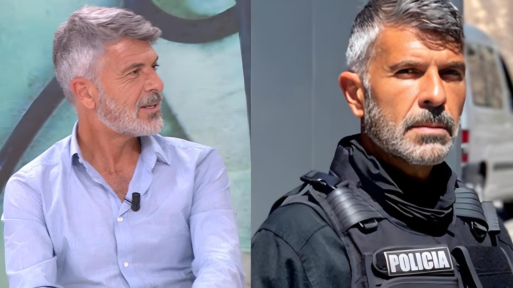 Montaje de Juan Carlos durante la entrevista, junto a una imagen suya interpretando a un policía.