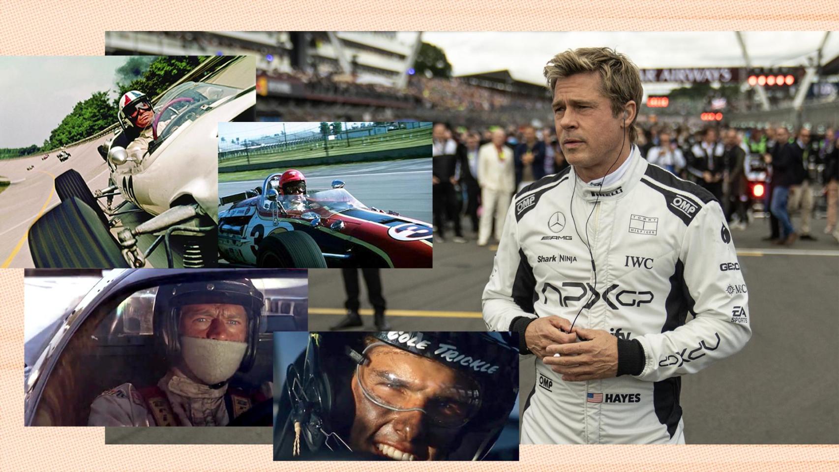 Derecha, Brad Pitt en 'F1: la Película'. A la izquierda, James Garner en 'Grand Prix' (1966), Paul Newman en '500 millas' (1969), Steve McQueen en 'Las veinticuatro horas de Le Mans' (1971) y Tom Cruise en 'Días de Trueno' (1990)
