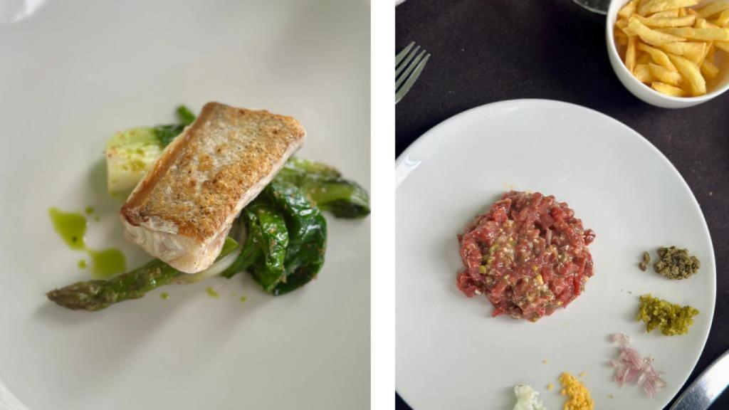 Steak tartar y merluza de Pasajes, dos clásicos redondos de La Fonda de La Confianza.