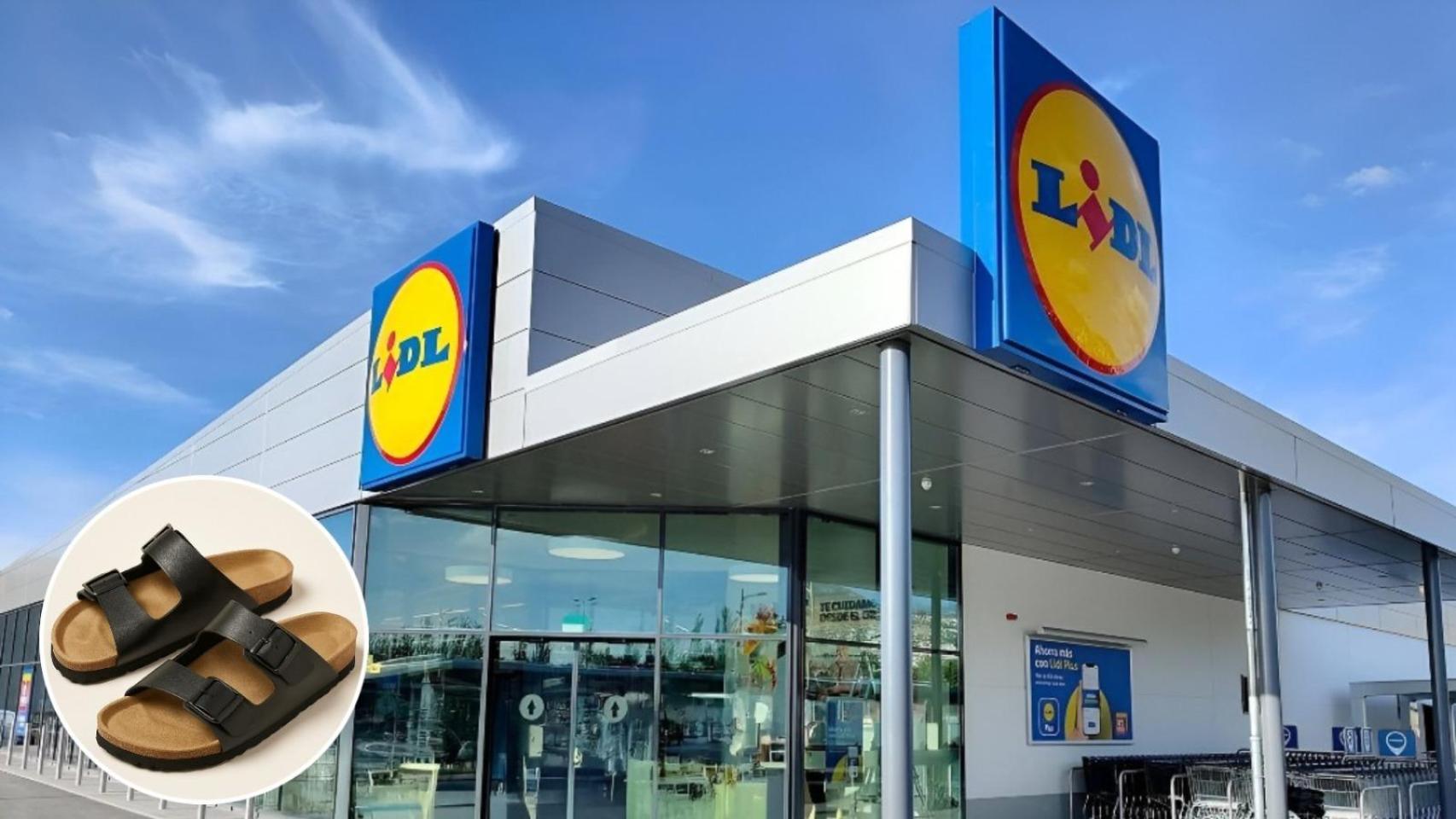 Montaje con un Lidl y, a su lado, las sandalias de cuero tipo Birkenstock.