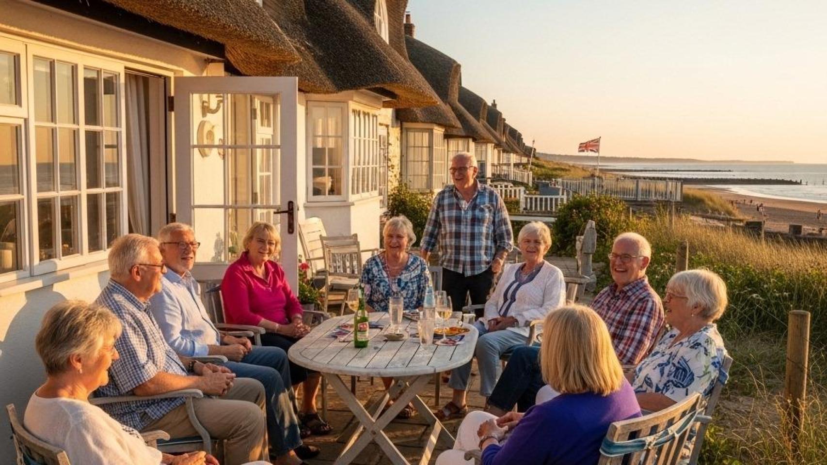 Una familia en la terraza de un chalet pegado a la costa.