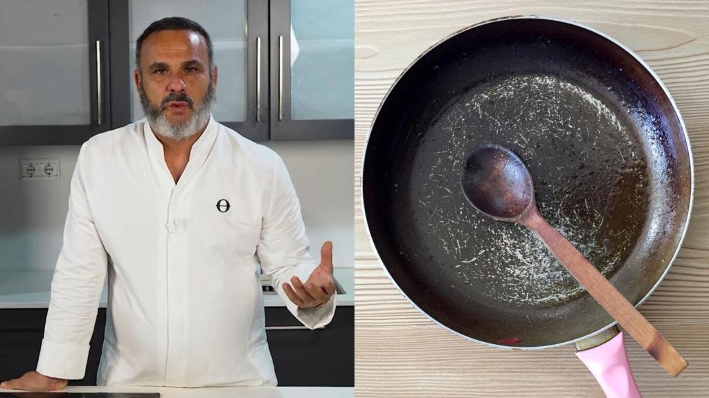 El chef Ángel León y una sartén vieja en un montaje