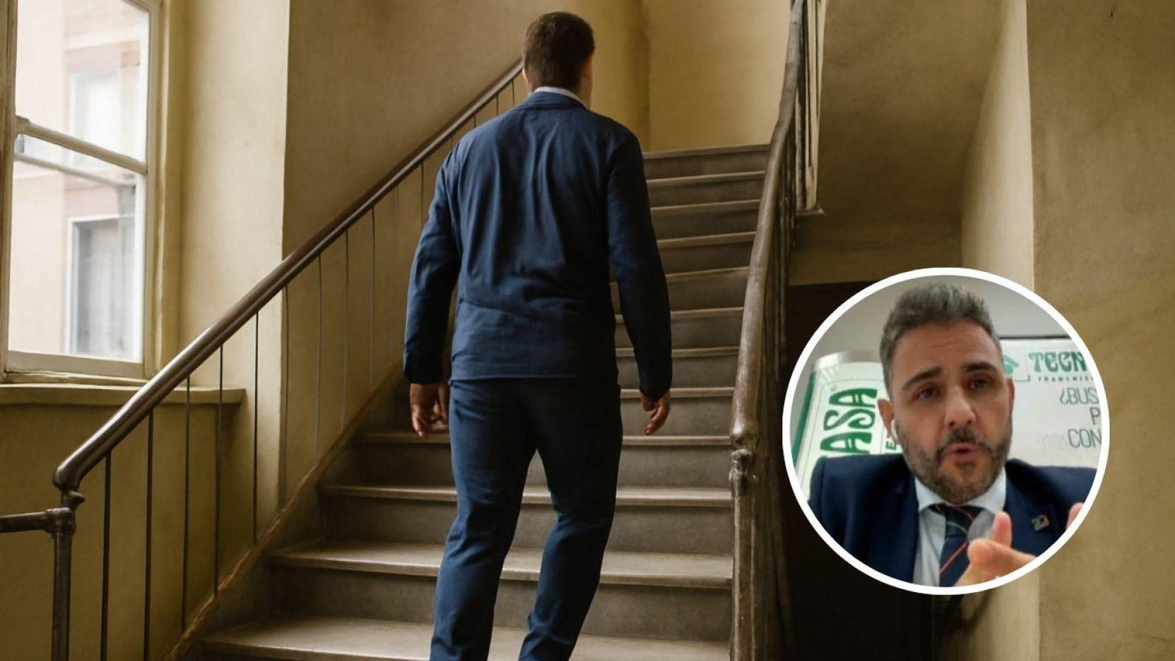 Montaje con persona subiendo escaleras y Moisés Hernández, experto inmobiliario.