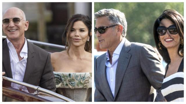 Jeff Bezos y Lauren Sánchez. George y Amal Clooney. Montaje de JALEOS.