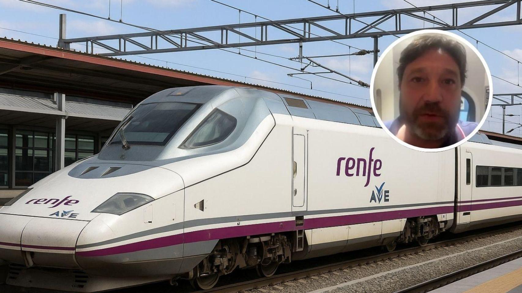 Montaje con tren de Renfe y Marcos, viajero atrapado 14 horas en un tren AVE Renfe.