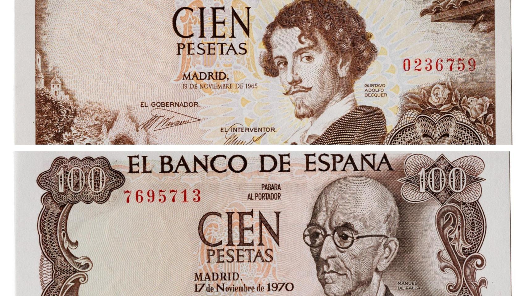 Dos billetes de 100 pesetas.