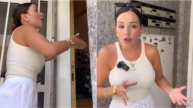 Naiara en la puerta de su casa hablando con los okupas.
