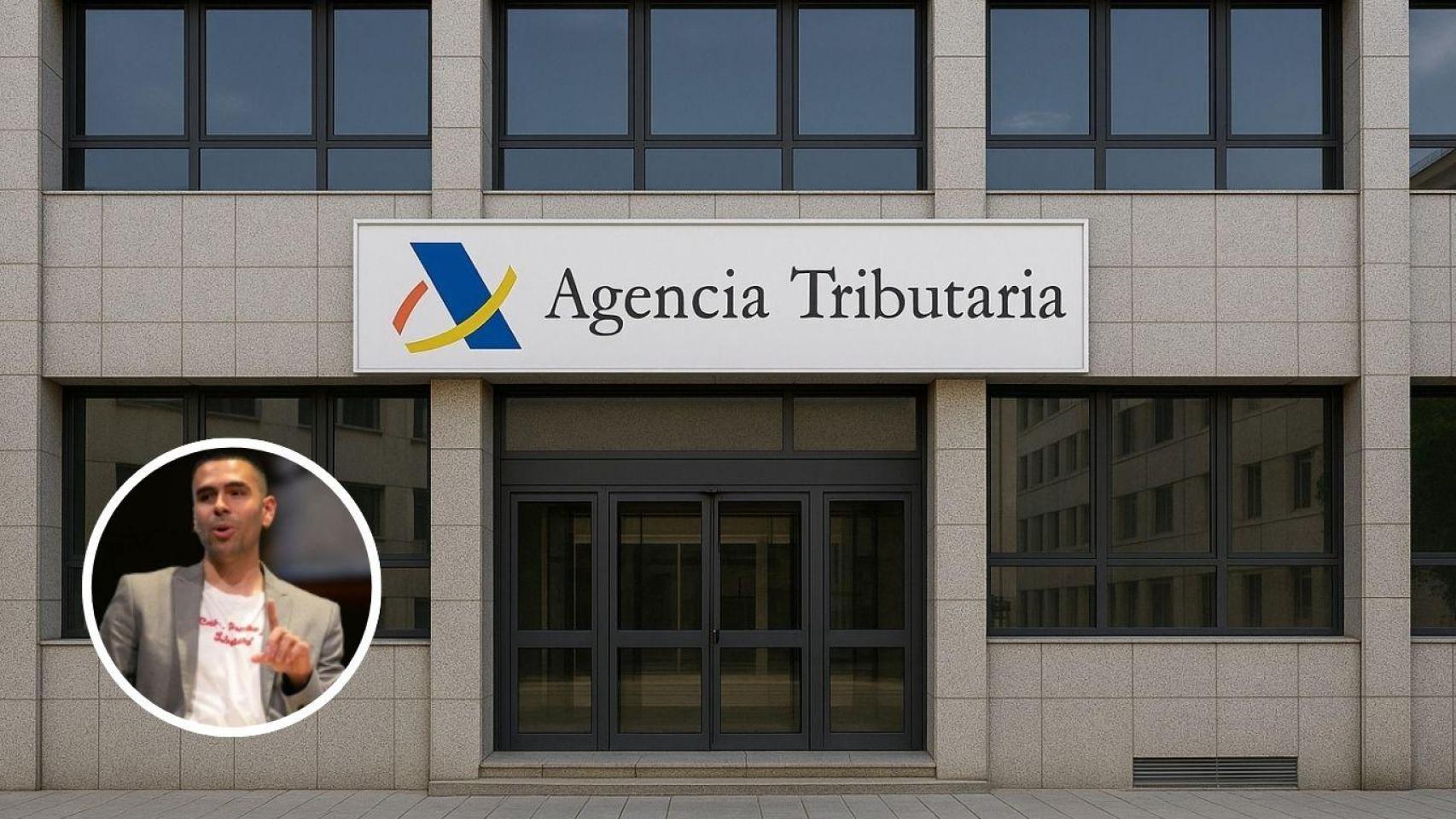 Montaje con edificio de Agencia Tributaria y René Soto, contribuyente.