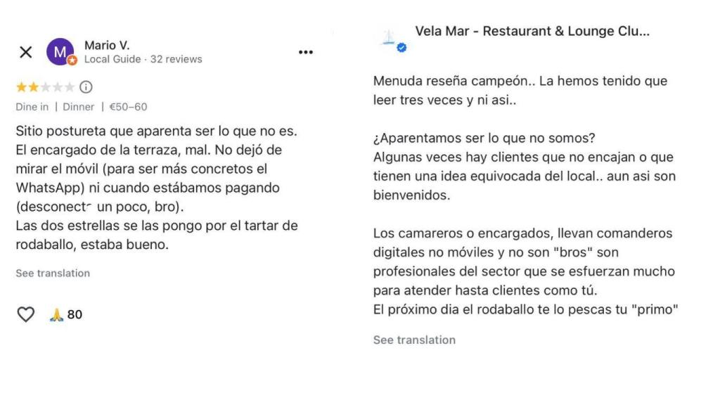 Reseña del cliente (izquierda) y respuesta del dueño del restaurante (derecha).