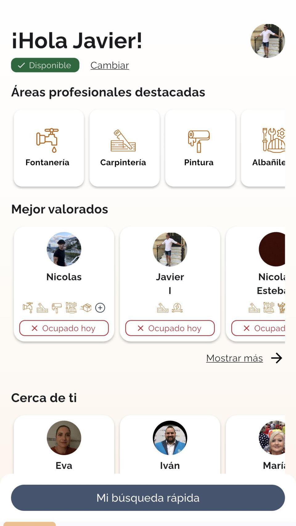 Perfil de Javier en la aplicación FreeDay