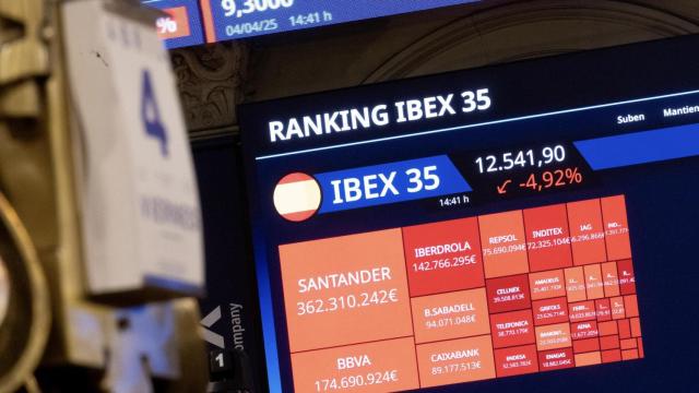 Un panel del Ibex 35 en el Palacio de la Bolsa de Madrid.