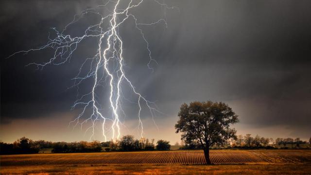 Un rayo cae sobre un campo.