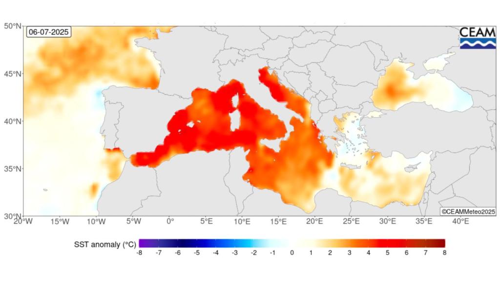 Las anomalías de la temperatura superficial del Cantábrico y del Mediterráneo para el pasado 6 de julio.
