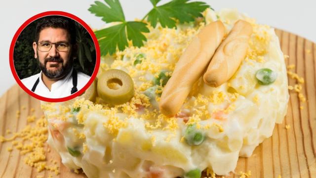 El chef Dani García y un plato de ensaladilla rusa en un montaje