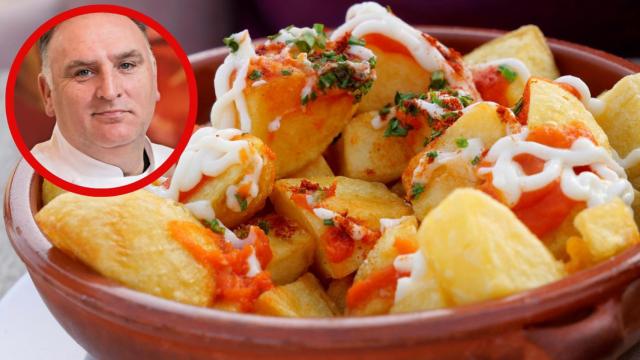 El chef José Andrés y un plato de patatas bravas en un montaje