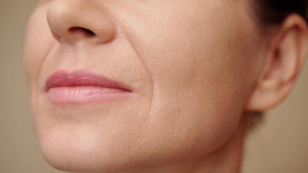 Primer plano de los labios de una mujer de piel madura.