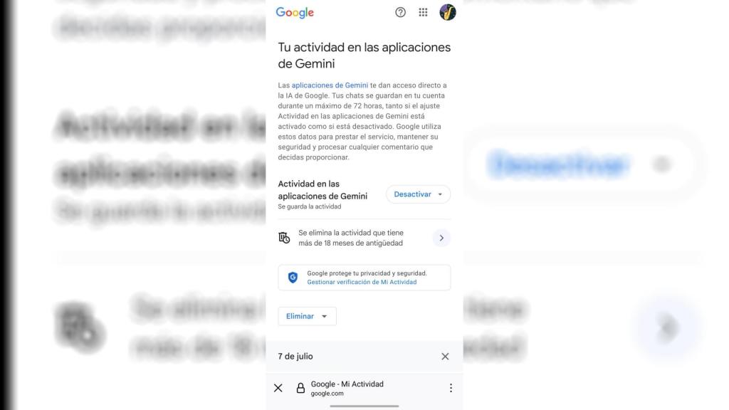 El servicio de actividad en las apps de Gemini