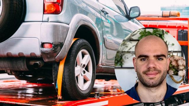 Montaje de Diego Moreno y un vehículo transportado en grúa.