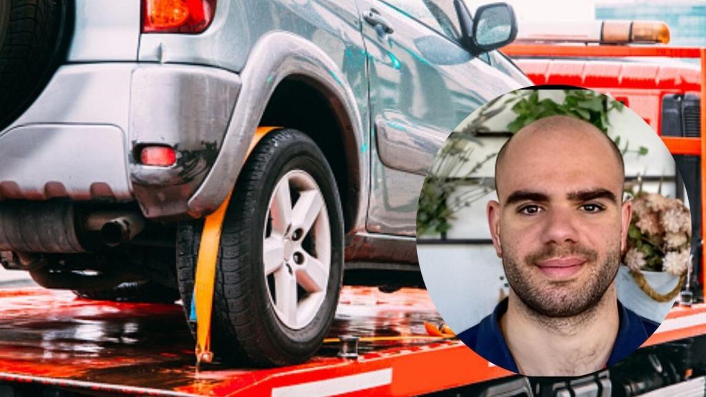 Montaje de Diego Moreno y un vehículo transportado en grúa.