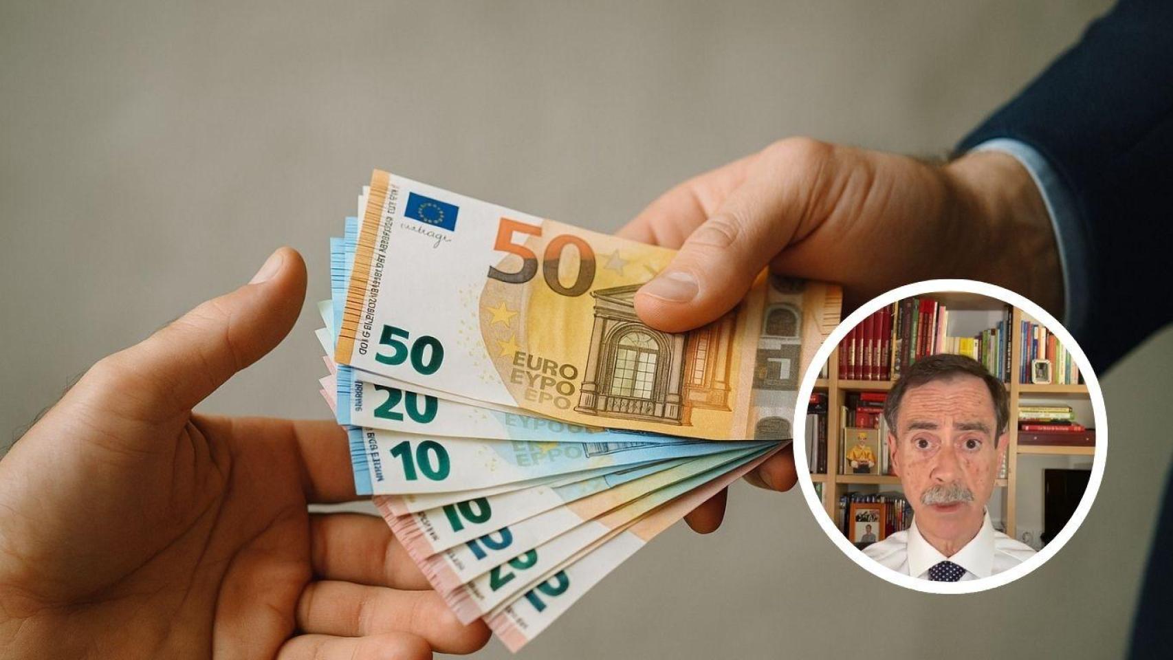 Montaje con mano con billetes y Santiago Ávila, experto en economía.
