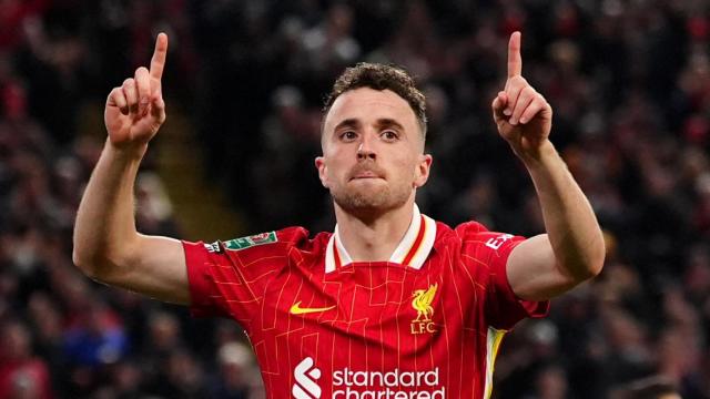 Diogo Jota celebra el gol marcado ante el West Ham en la Carabao Cup la temporada pasada.