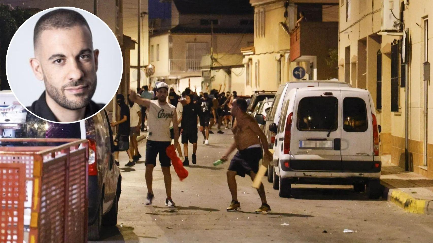 Fotomontaje con Roberto Vaquero y los altercados en Torre Pacheco (Murcia) durante este sábado.