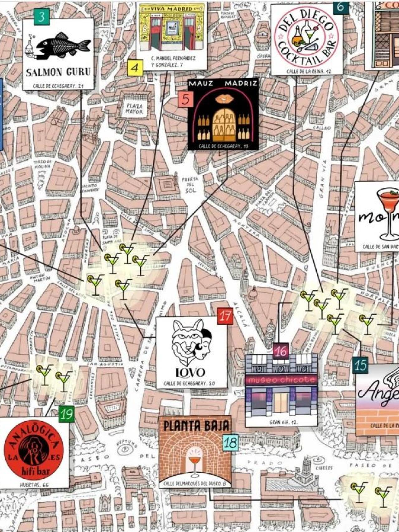 Mapa de coctelerías del centro de Madrid.