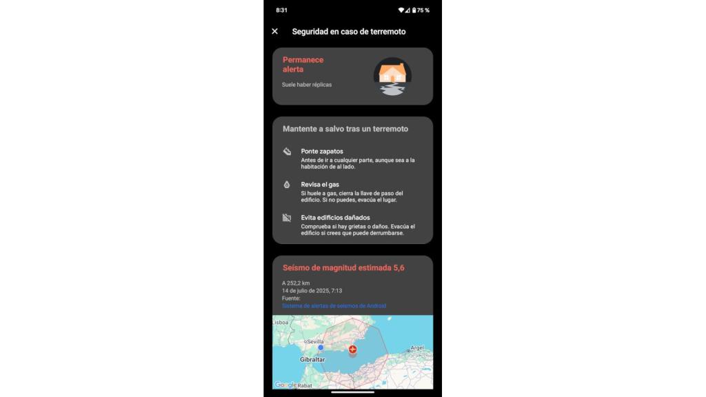 Pantalla de seguridad de Android en caso de terremoto