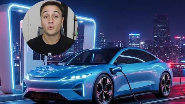 Imagen generada con inteligencia artificial de un coche eléctrico y Borja Pérez.