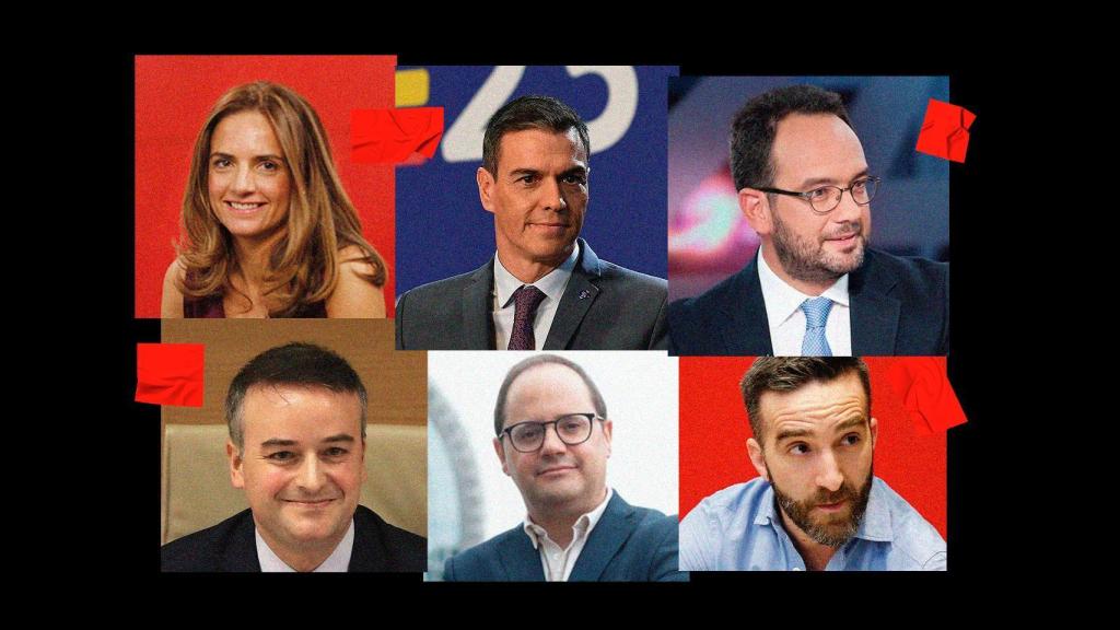 En la ilustración: Susana Sumelzo, Pedro Sánchez, Francisco Polo, Antonio Hernando, Iván Redondo y César Luena.