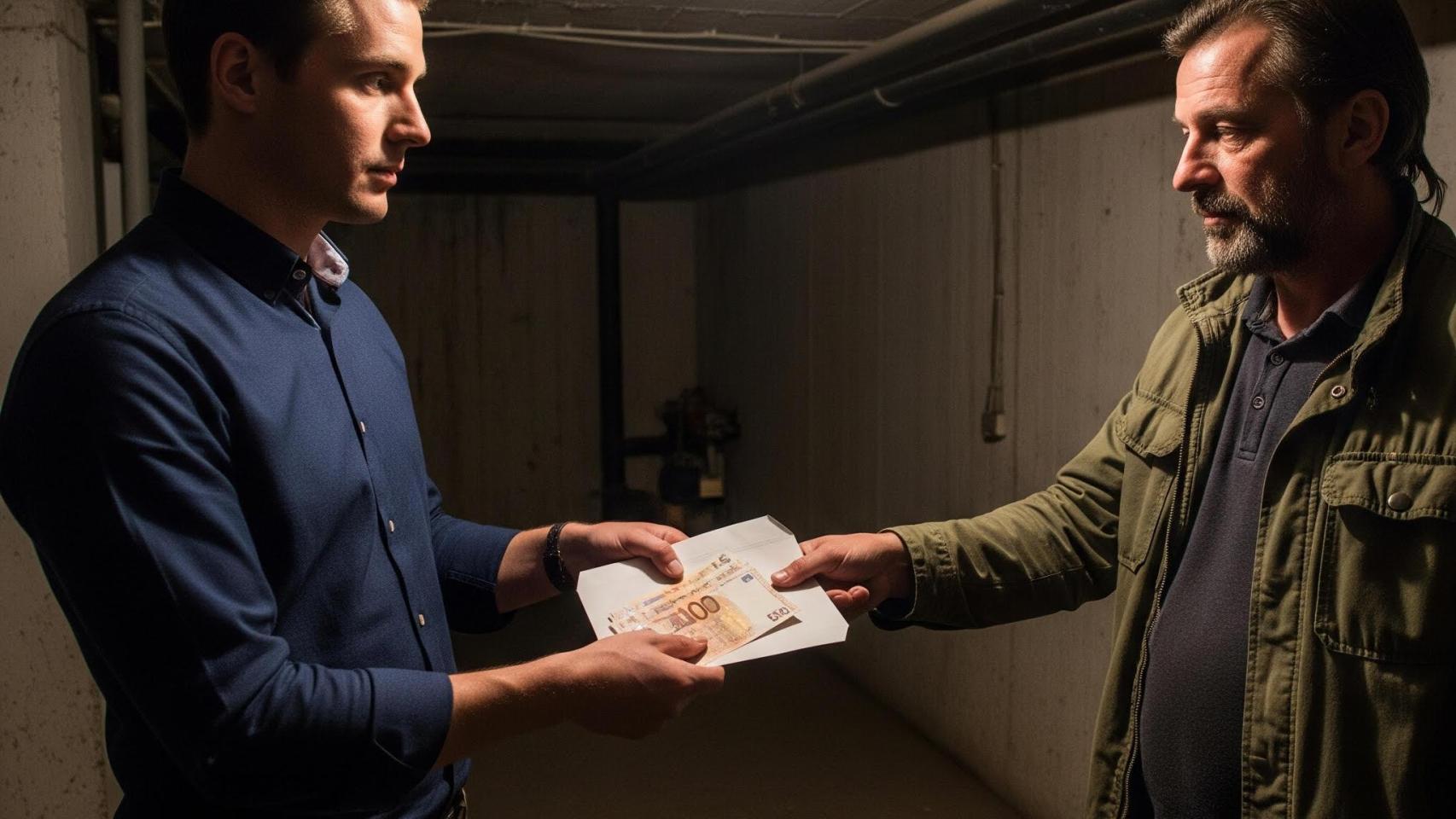 Imagen creada con IA que muestra a una persona dando dinero 'en negro' a otra.