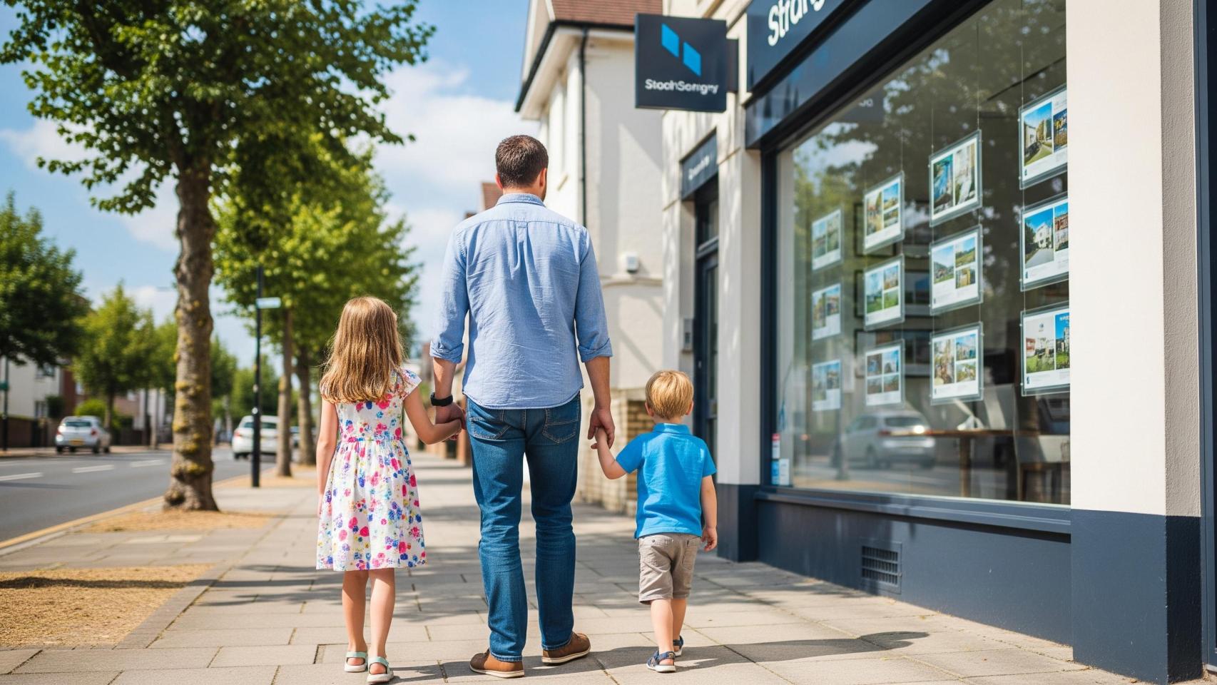 Imagen generada con IA de un padre con dos hijos delante de una agencia inmobiliaria.