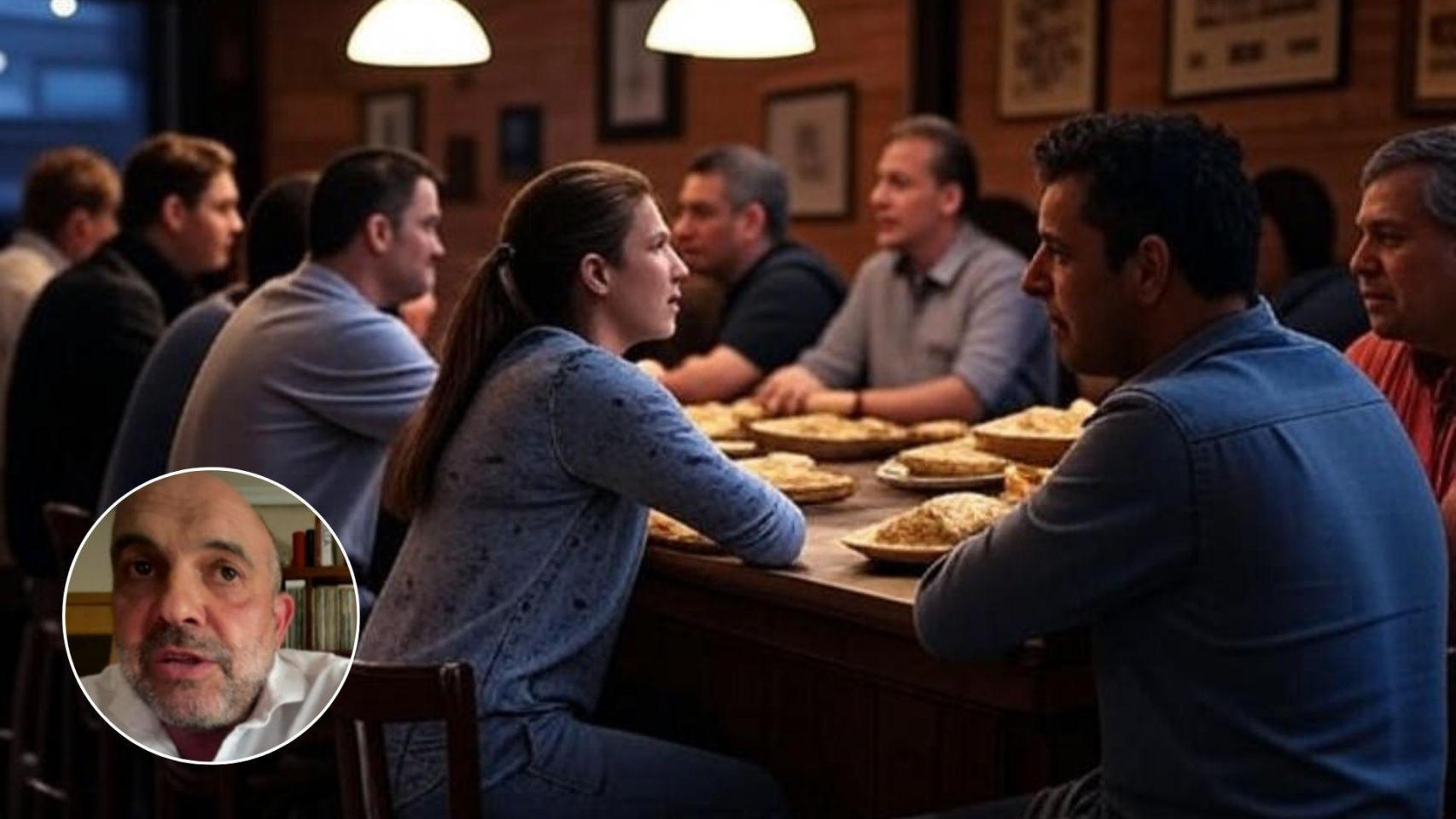 Imagen generada por IA de un restaurante y Fernando.