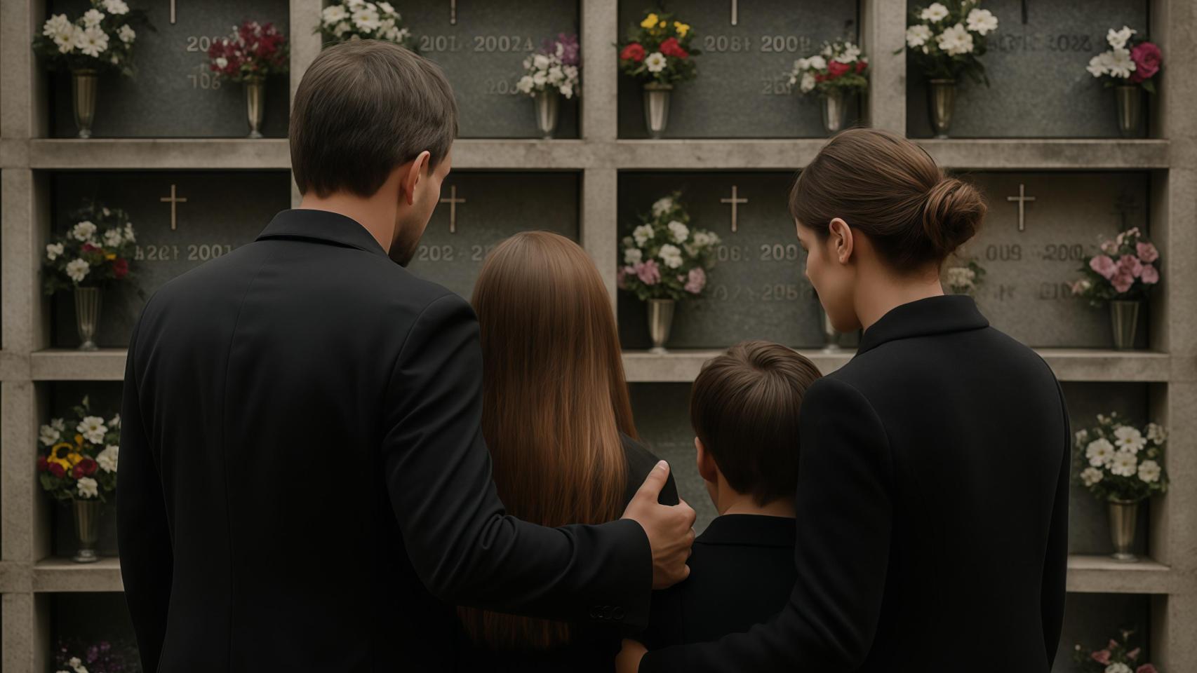 Imagen generada con IA de una familia en un entierro.