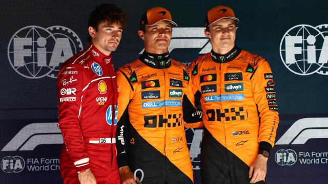 Leclerc (i), Norris (c) y Piastri (d), los tres mejores tiempos en la clasificación del GP de Bélgica.
