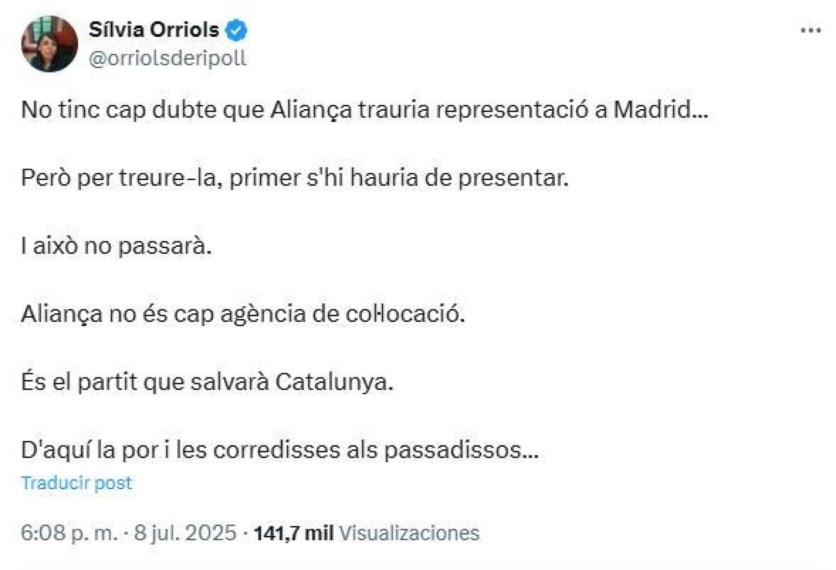 El tuit publicado en X por la líder de Aliança Catalana, Sílvia Orriols.