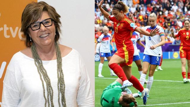 María Escario, junto a una imagen de la final de la Eurocopa.