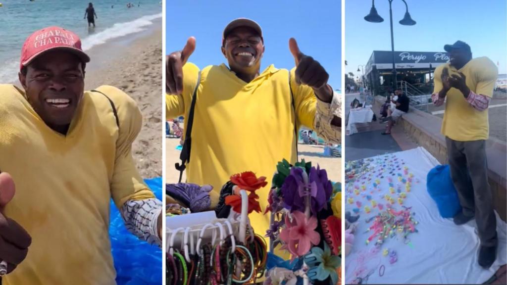 Un montaje de Abu vendiendo en la playa.