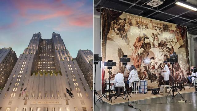 Hotel Waldorf Astoria de Nueva York. A la dcha., trabajos de restauración en la pieza principal de 'Las bodas de Camacho', de José María Sert. Foto: Banco Santander
