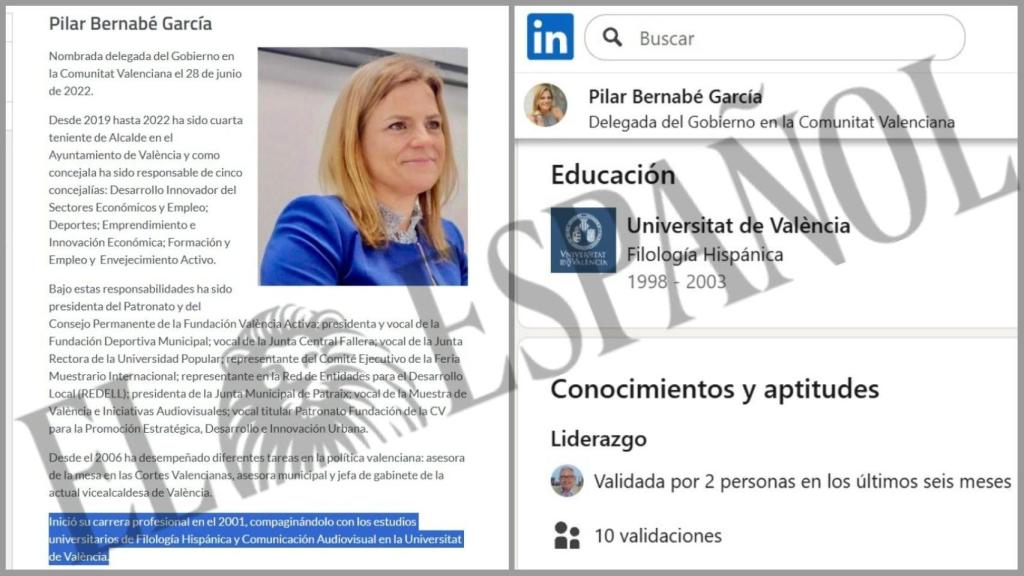 Currículum de Pilar Bernabé en la web de la Delegación del Gobierno y en LinkedIn. EE