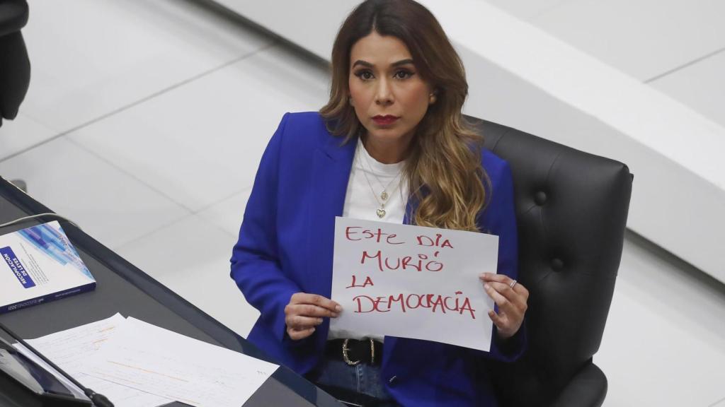 La diputada de Alianza Republicana Nacionalista (Arena), Marcela Villatoro, sostiene un cartel contra la reforma constitucional.